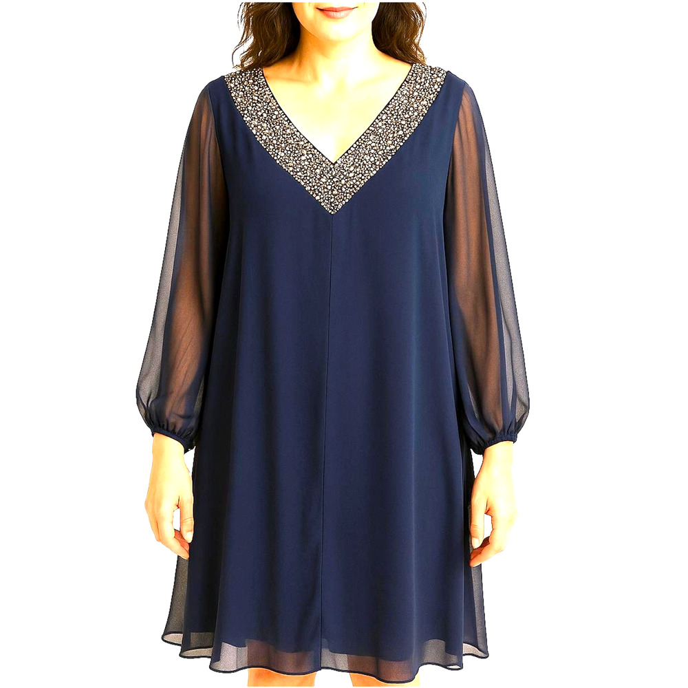 Betsy & Adam Dress Women's 16W Navy Chiffon Layers Sheer Jeweled V-Neck Party‎